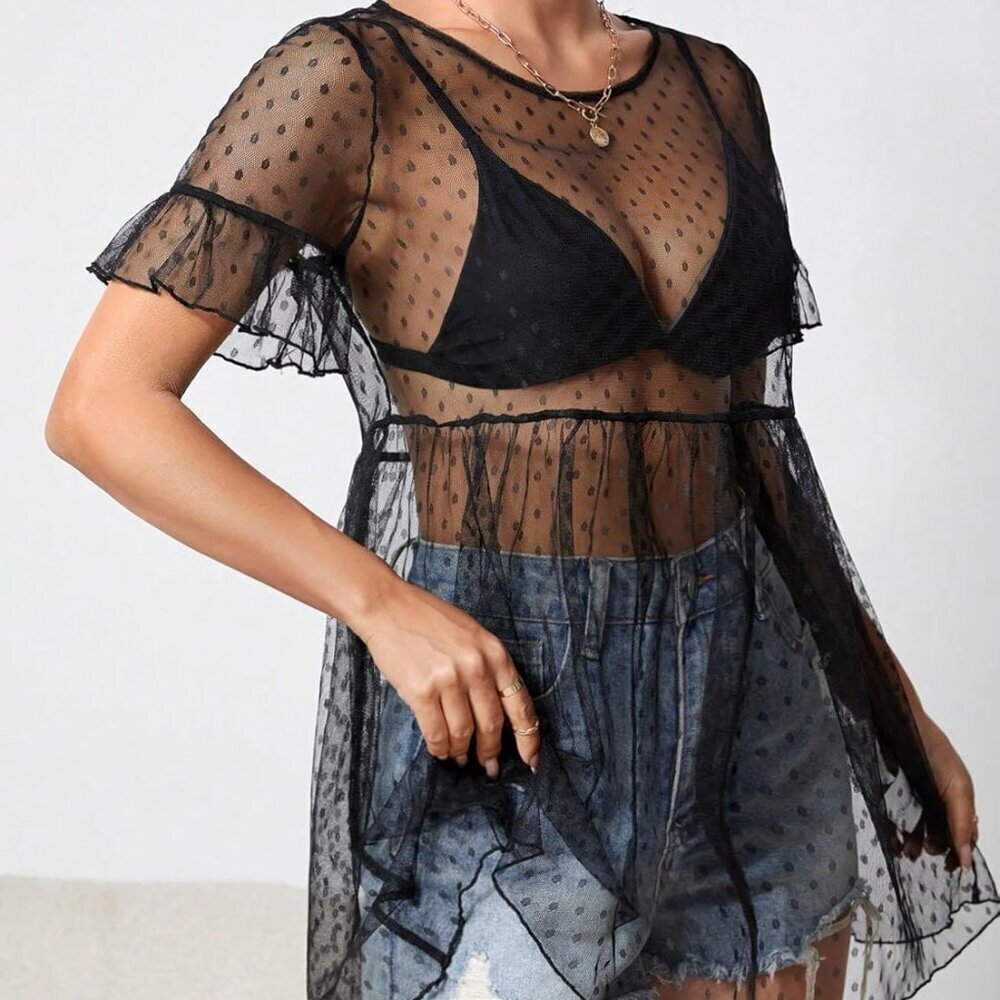 Women's Sheer Mesh Mini Dress Polka Dots Ruffle Hem Short Sleeve Flared - Picture 3 of 5